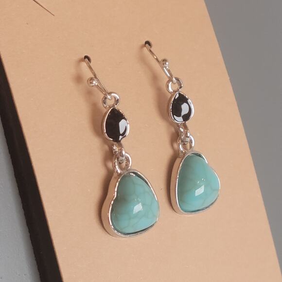 Turquoise Heart Dangle Earrings Silver Tone Hook Pierced Drop Jewelry Gift Bag - Picture 4 of 10